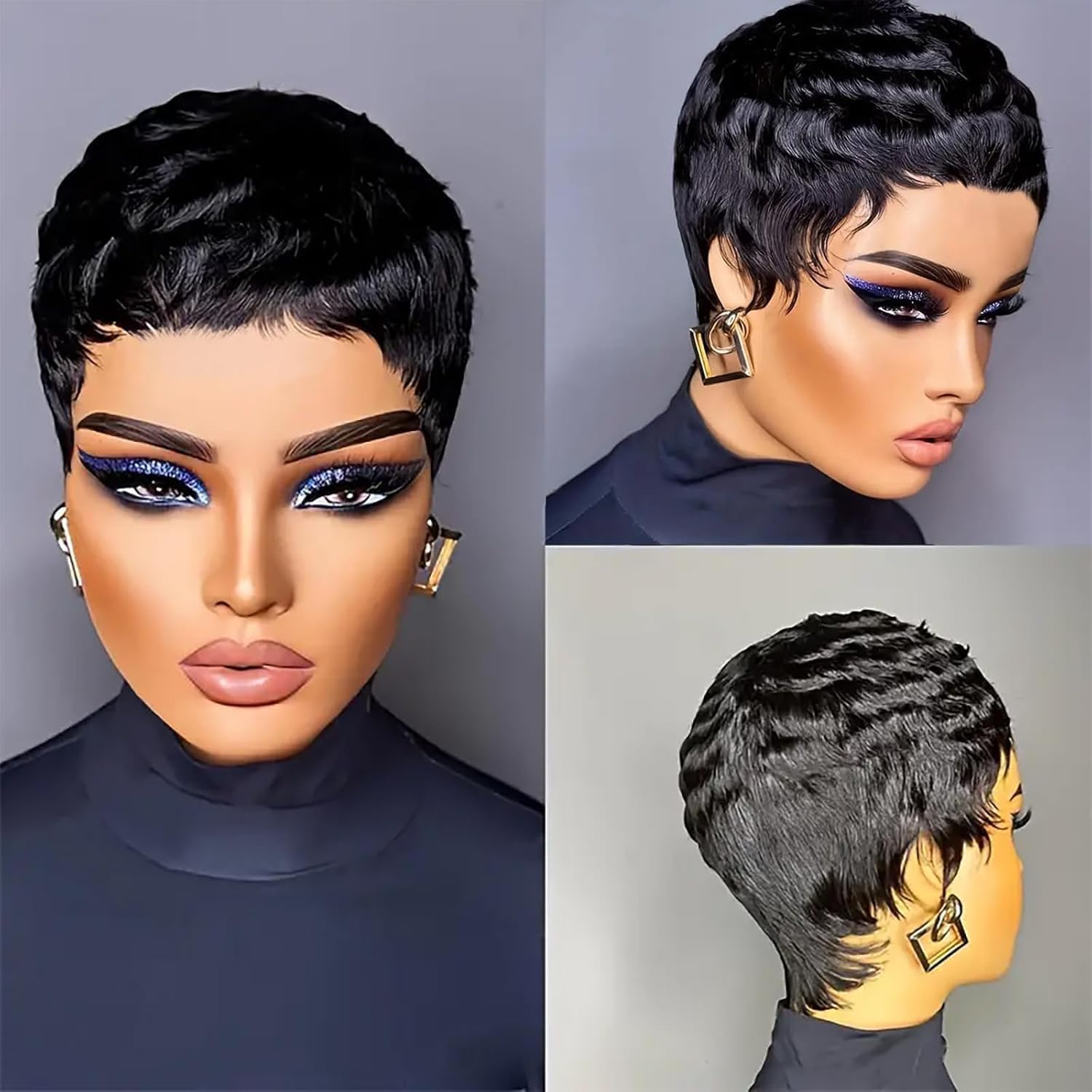 Perruque Pixie - cheveux naturels courts, coupe droite, sans colle, frange, couleur 1B