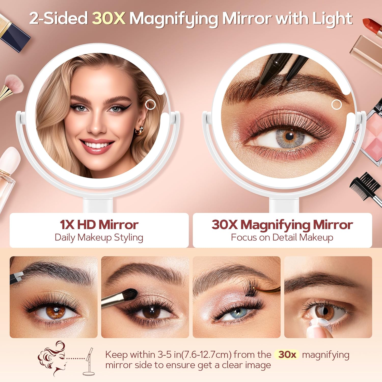 B Beauty Planet - miroir maquillage 2 faces - éclairé LED, 30X, 3 couleurs, hauteur réglable, blanc