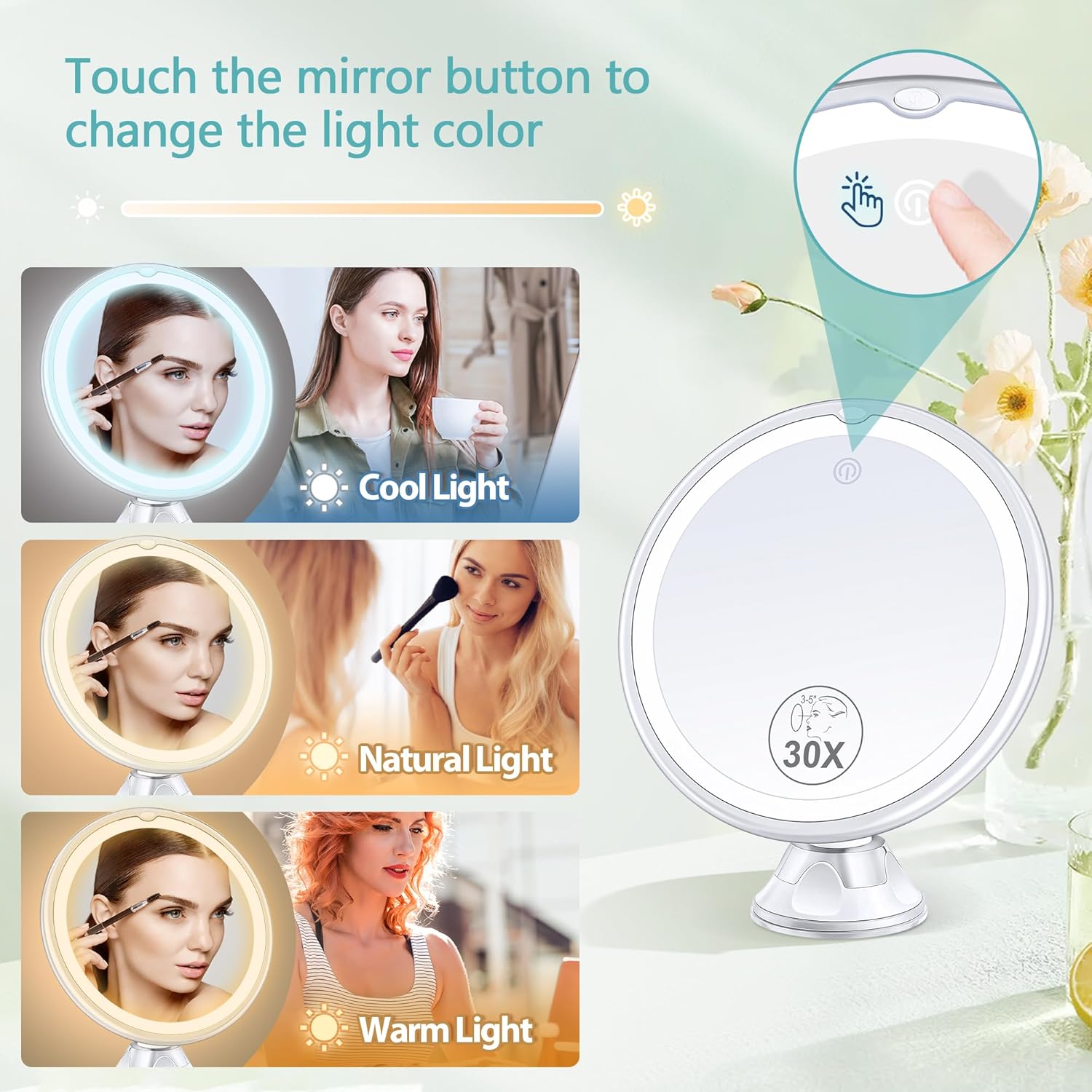 MIYADIVA - miroir grossissant 30x - 1500mAh - LED, 3 modes, ventouse, rotatif