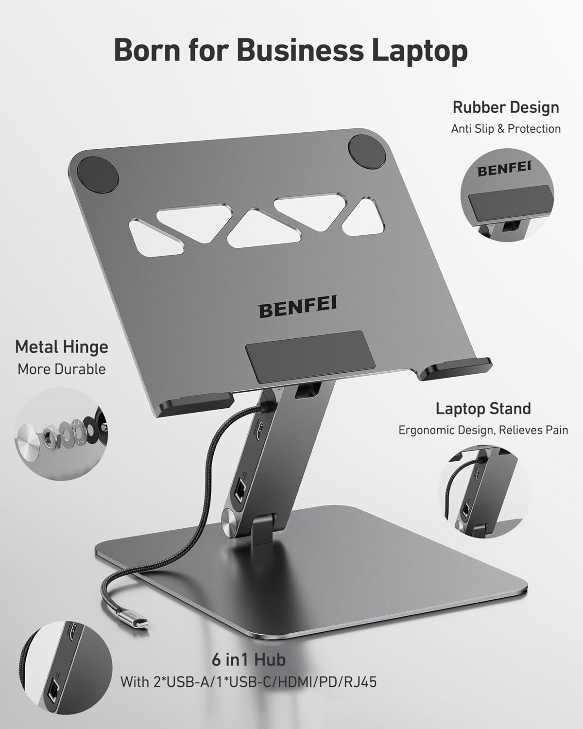 BENFEI - Support PC portable 6-en-1, HDMI 4K, USB-C, Ethernet, 100W PD