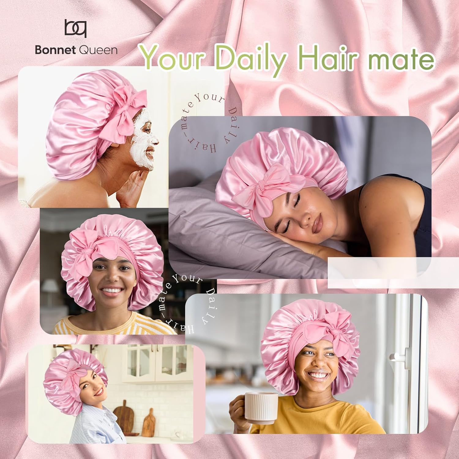 BONNET QUEEN - bonnet satin ajustable, grand, rose, elastique long