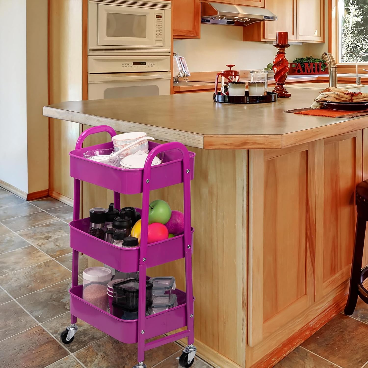DOEWORKS - chariot rangement 3 niveaux métal roulettes 40x30x86cm, bleu/violet