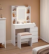 avec miroir, étagères, tiroirs et tabouret assorti. Comprend des compartiments de rangement et un grand miroir central, idéal pour le maquillage ou le toilettage