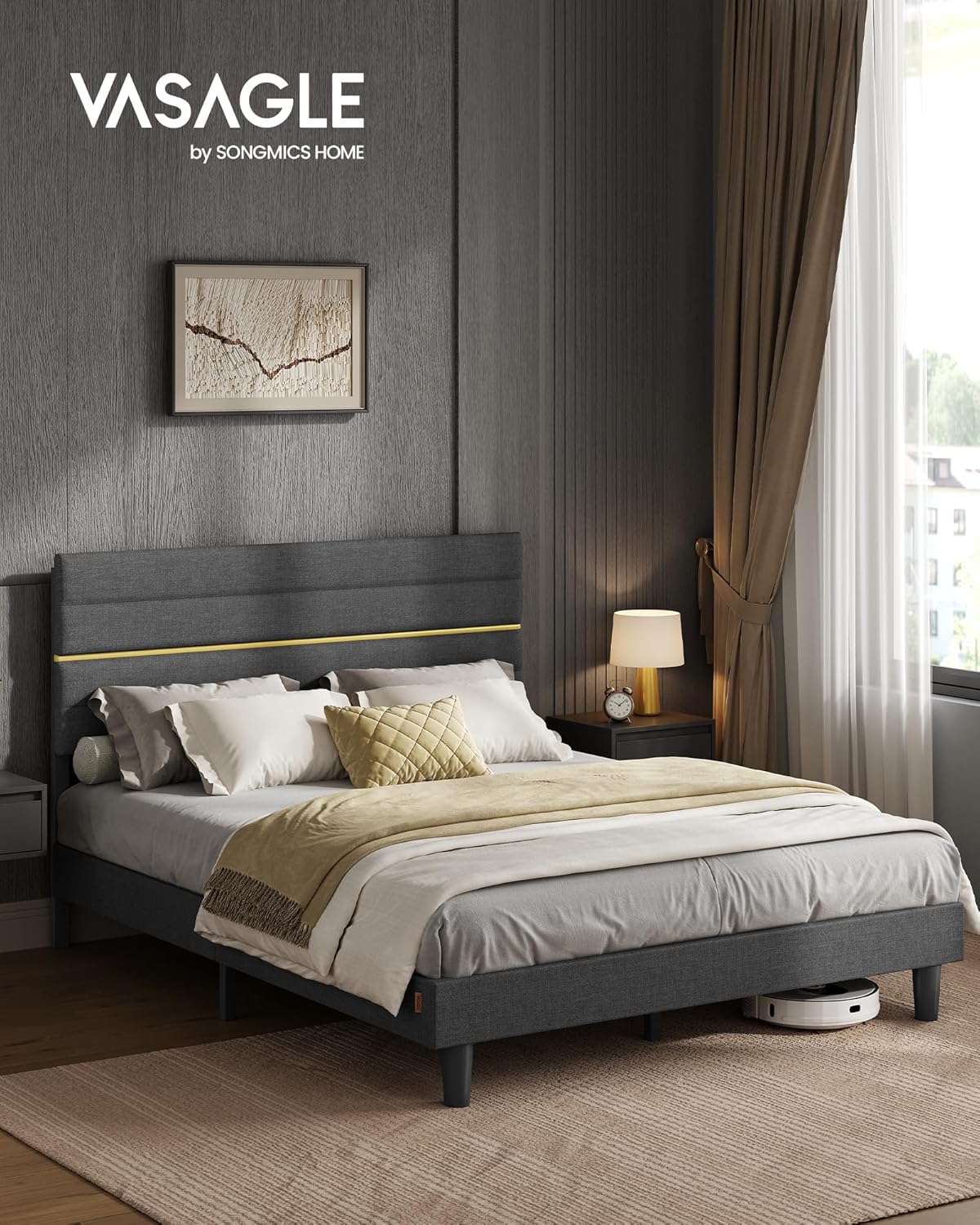 VASAGLE - lit double (série RMB) - 160x200 cm - tête rembourrée, métal, bois massif, gris ardoise - RMB505G01