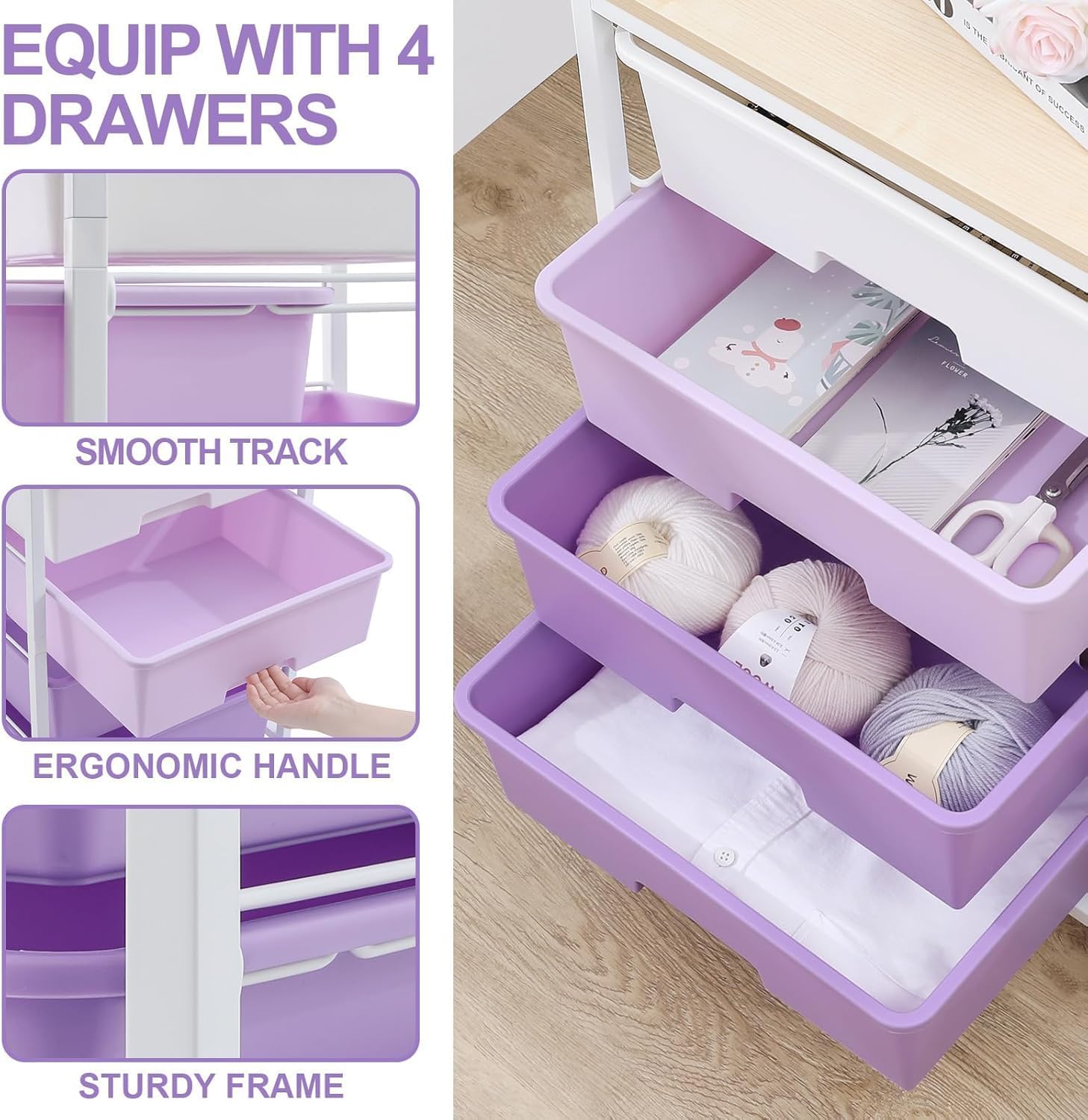 Chariot de rangement à 4 tiroirs, plateau bois, grande capacité, violet, dimensions compactes, roulettes mobiles