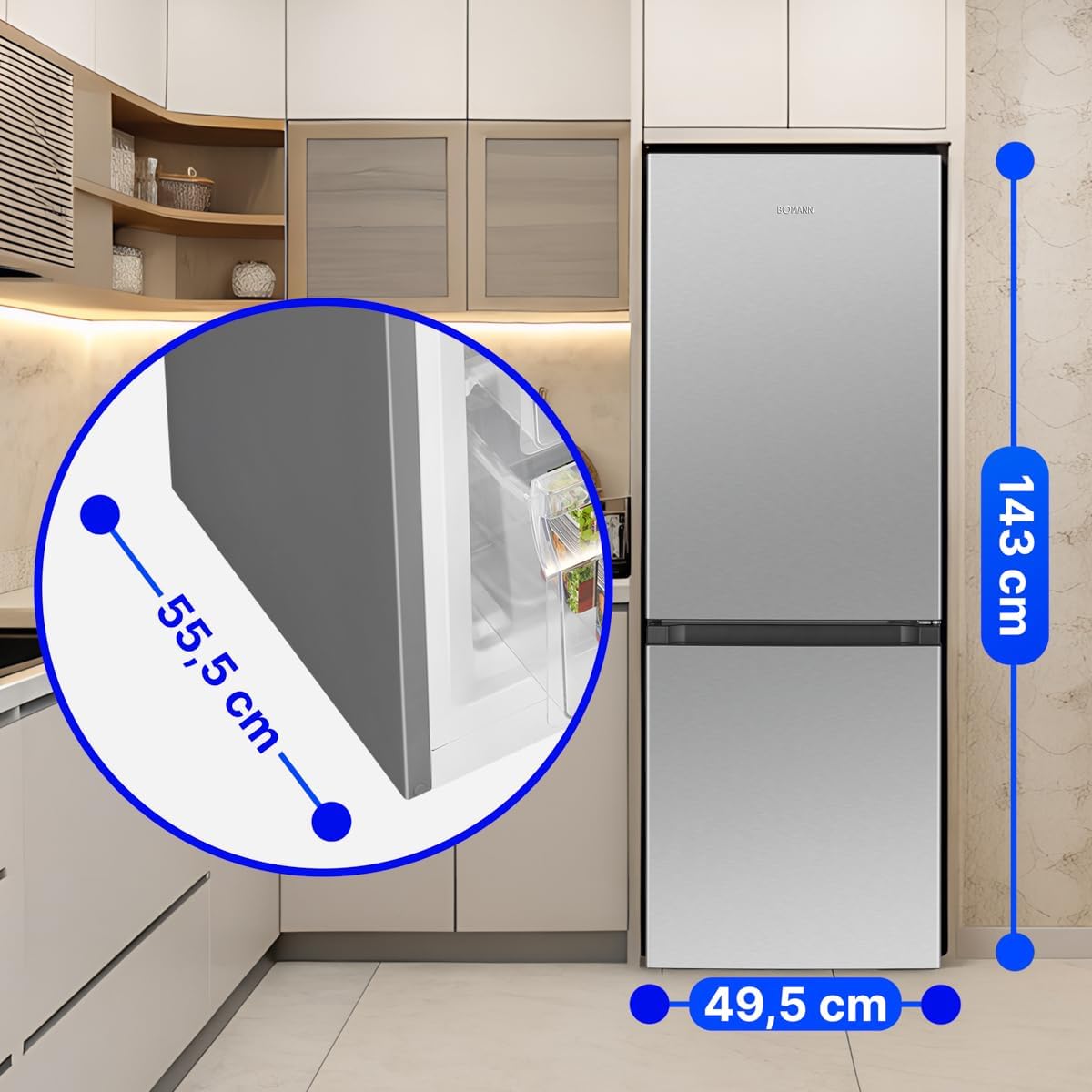 Bomann - Réfrigérateur Congélateur - 175L - Température réglable, portes réversibles, pieds ajustables, inox - KG320