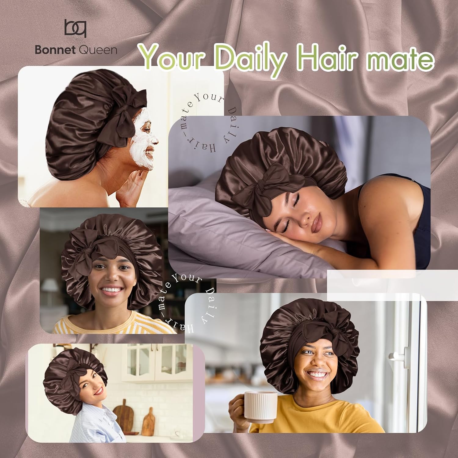 BONNET QUEEN - bonnet satin ajustable, grand, long élastique, chocolat