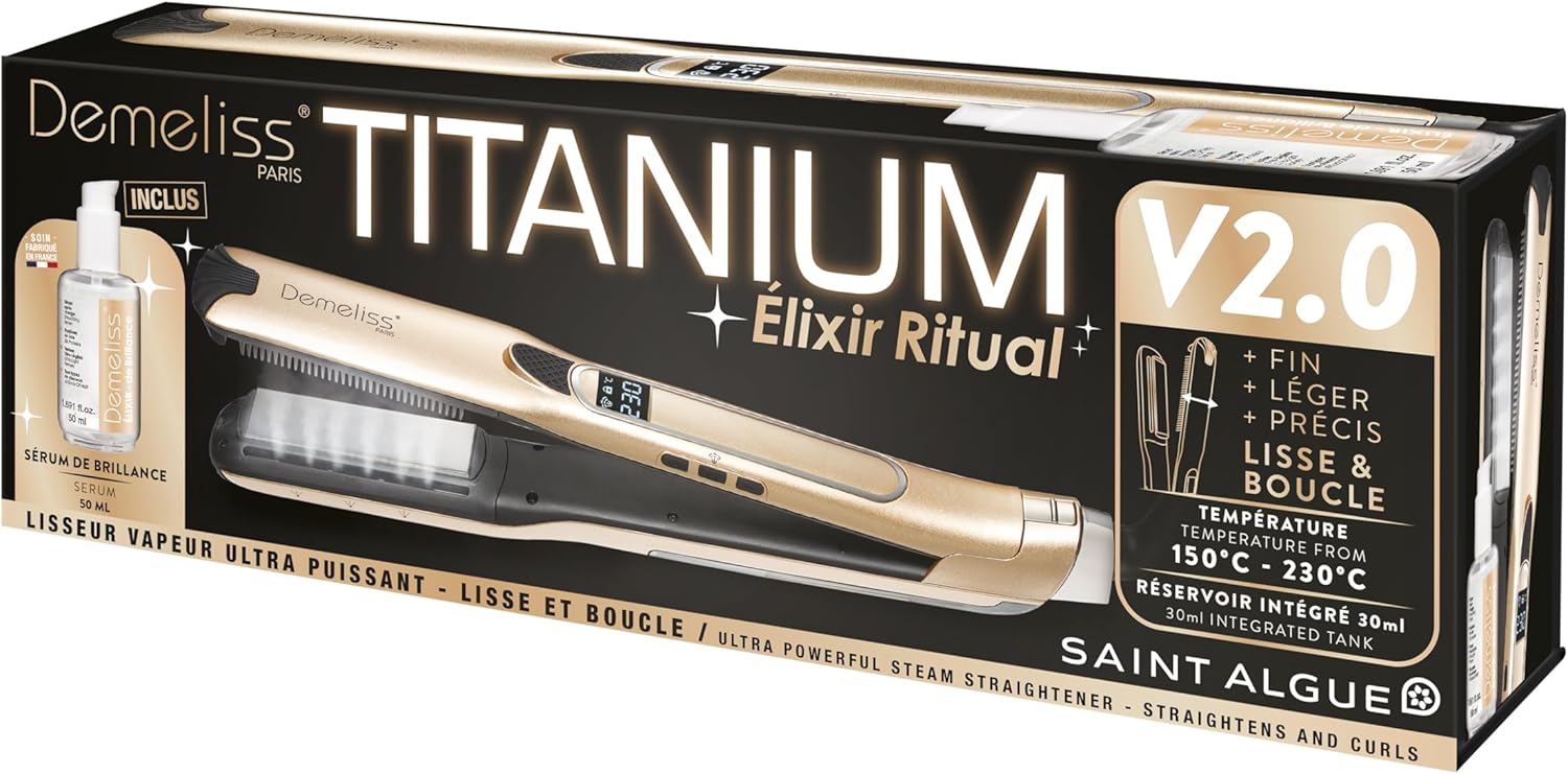 Demeliss - Lisseur vapeur Titanium V2.0 - plaques fines, 30ml, 5 températures, écran digital