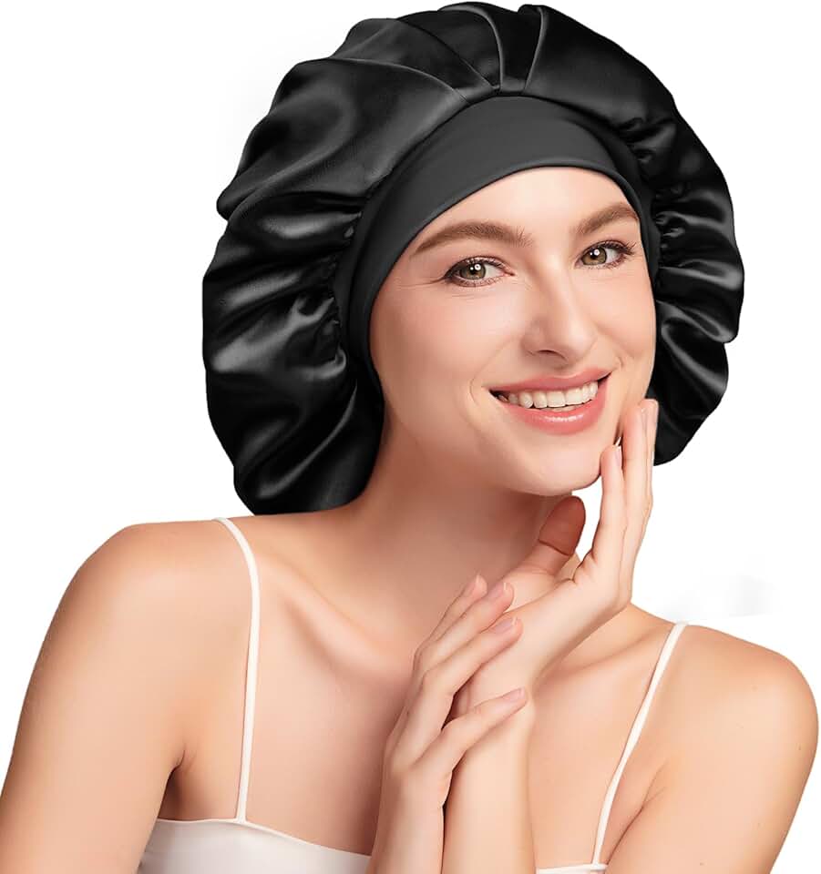 Umisleep - Bonnet nuit soie 22 Momme - grande taille - double couche, large bande, ultra-doux, noir/violet