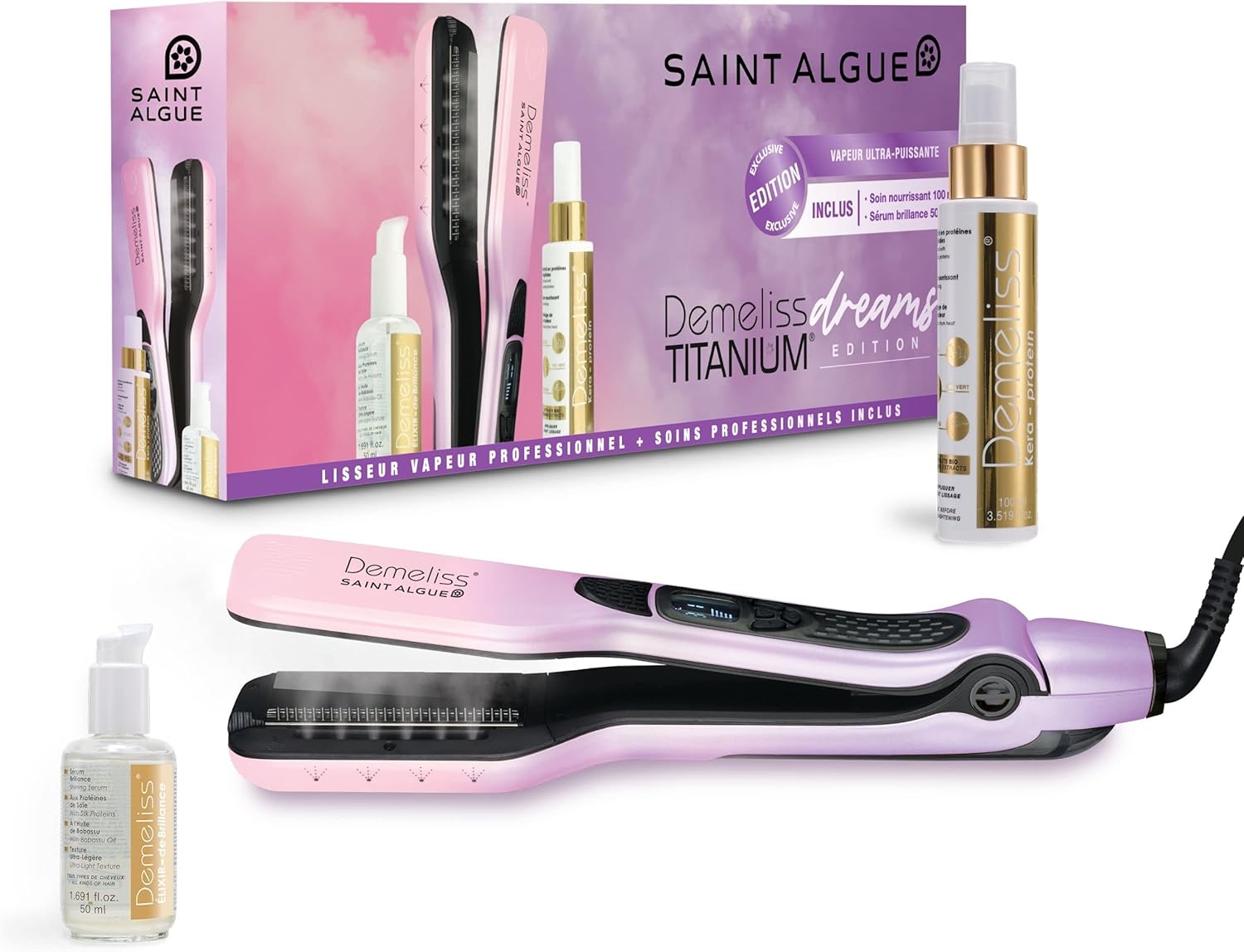 Demeliss - Coffret Lisseur Vapeur Dreams Edition - Lissage haute performance, soins inclus, pour tous cheveux