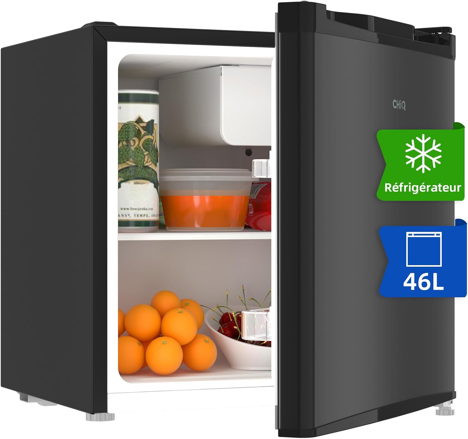 CHIQ - mini réfrigérateur compact 46L, silencieux, porte-bouteilles, thermostat réglable, 47x44,7 cm, CSD46D4E