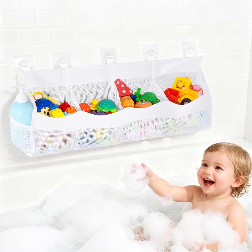 Sac de rangement jouet bain - 4 compartiments - filet blanc suspendu, organiseur jouets, stockage facile salle de bain