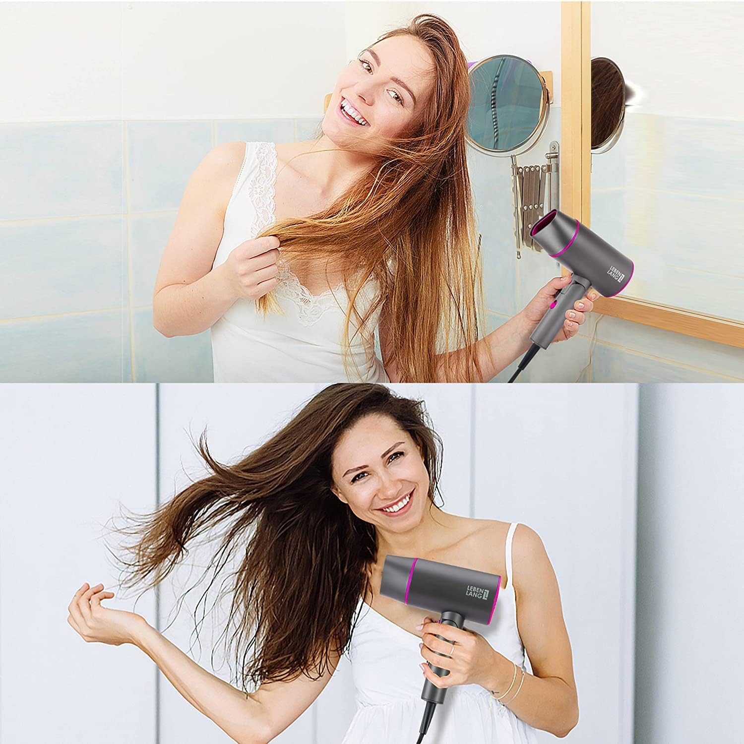 LEBENLANG - Sèche-cheveux ionique pliable 2100W, air froid, anti-fourches, Gris Seche Cheveux Ionique 2100W