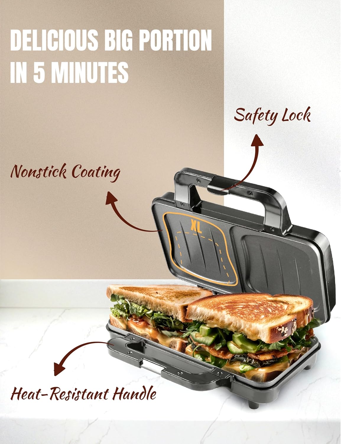 Bestron - appareil croque monsieur XL - 2 sandwichs coquille - réglage automatique de température, beige