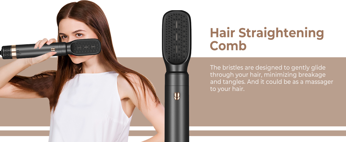 avec une femme démontrant son utilisation. Appareil noir conçu pour glisser doucement sur les cheveux pour les lisser et