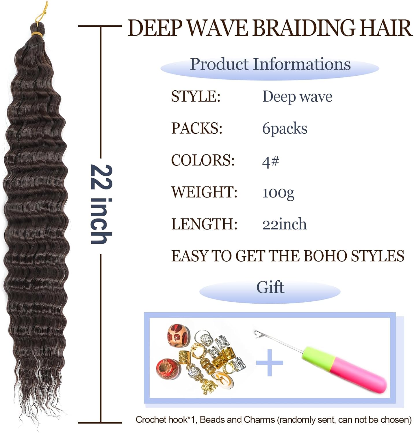 Extensions cheveux - crochet deep wave, 22 pouces, lot de 6, synthétique, doux