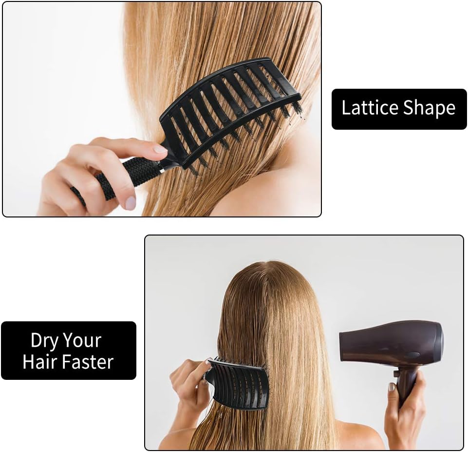 URAQT - Brosse à cheveux incurvée - poils de sanglier, séchage rapide, massage, démêlante - noire