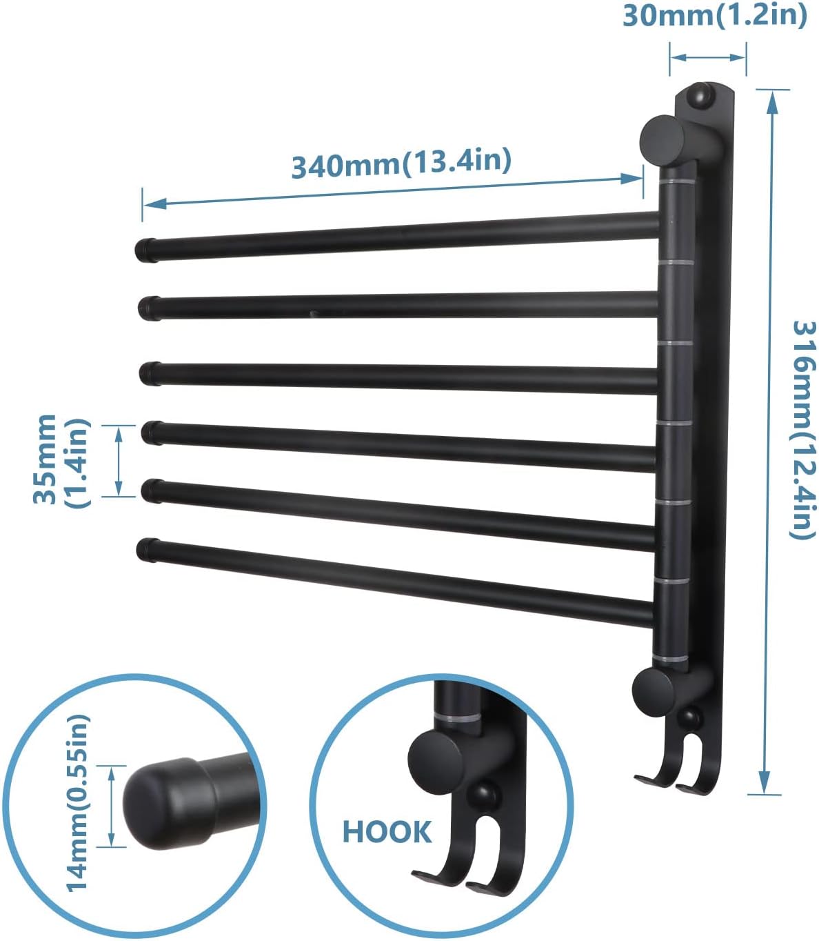 JSVER - porte-serviette 6 barres rotatives inox 180° - mural - Sèche-serviettes noir - SUS304