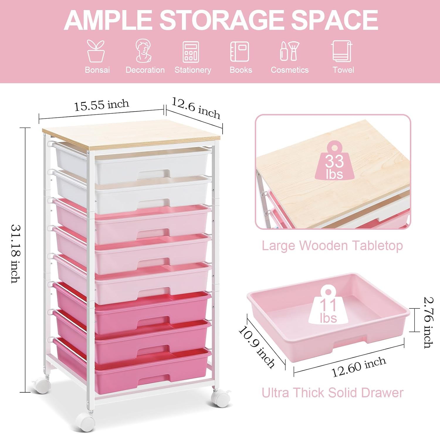 Chariot de Salle de Bain - 8 tiroirs, roulettes, plateau bois, rose, grande capacité