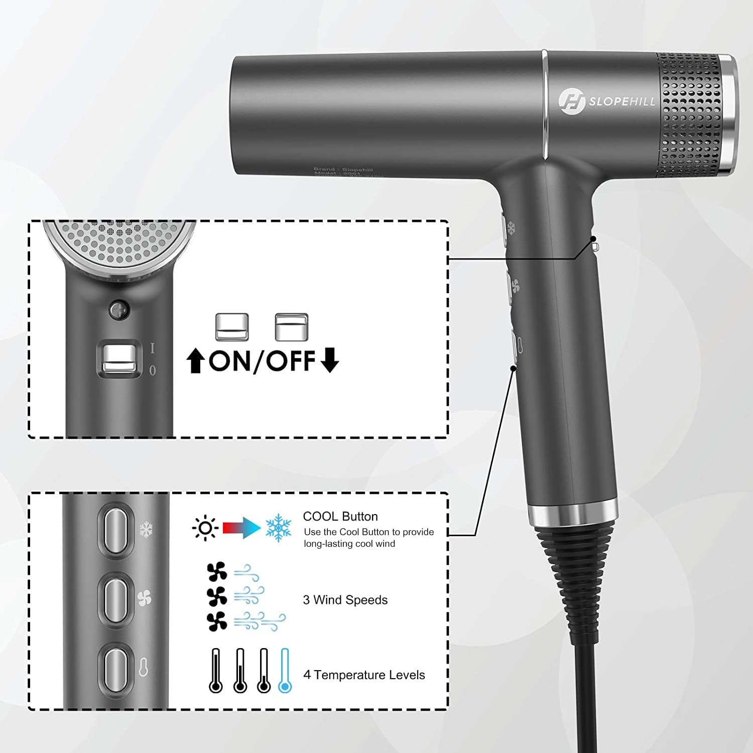 Slopehill - Sèche-cheveux Pro - 268g, 2000W - moteur sans balais, micro-filtre, Oxy Active, LED