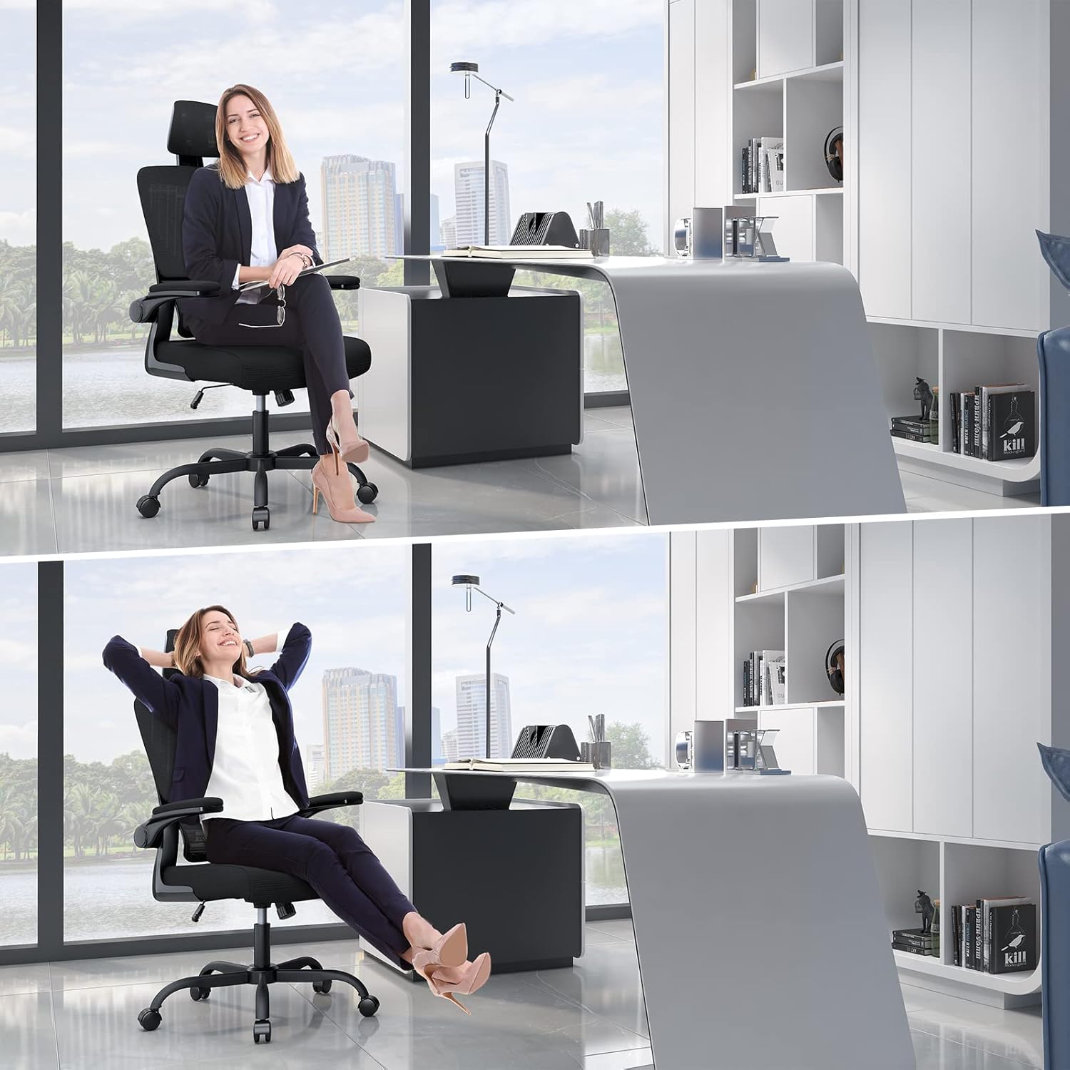 naspaluro - chaise de bureau ergonomique, appui-tête réglable, soutien lombaire ajustable, accoudoirs pliables, maille r