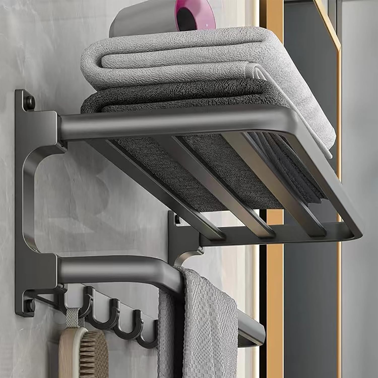 Porte-serviettes mural sans perçage 58cm, 5 crochets, gris