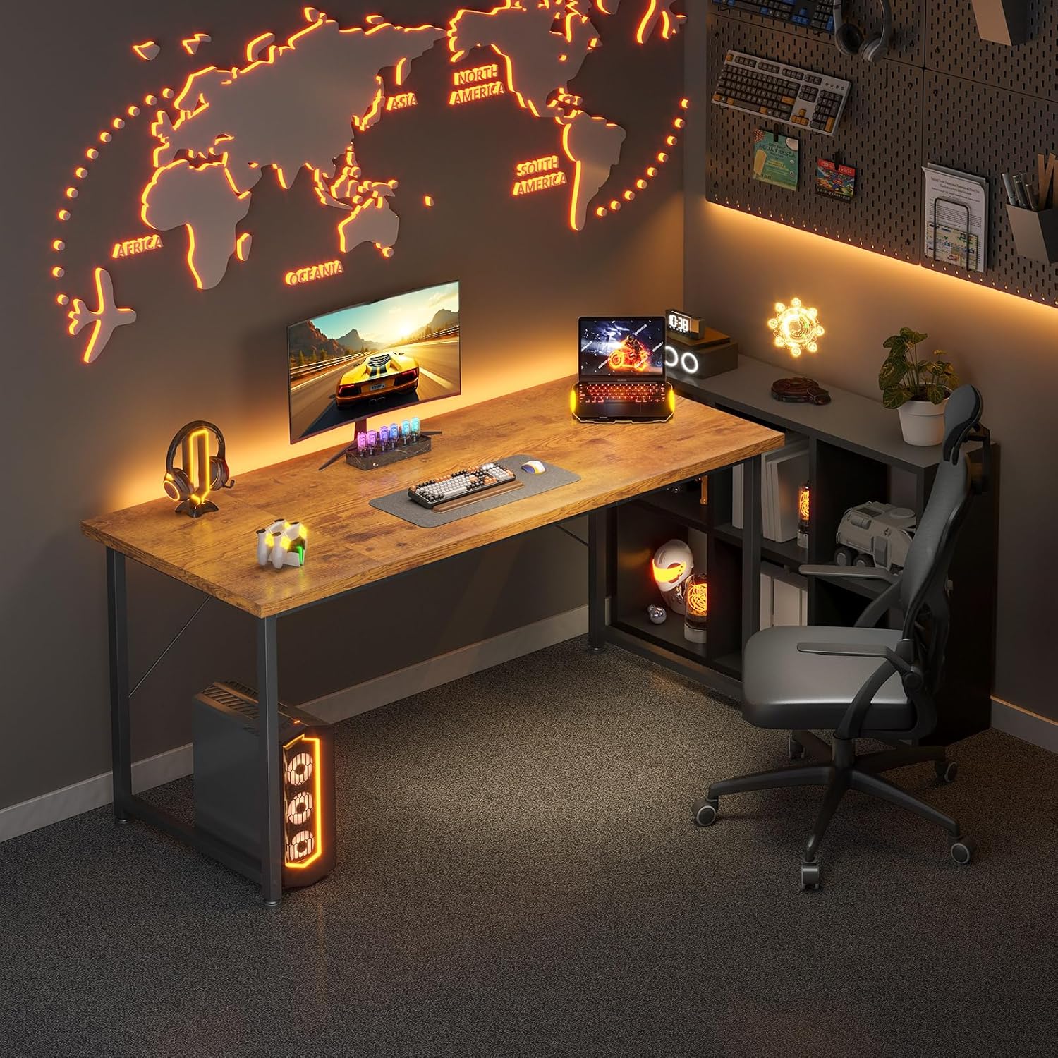 Bureau d’ordinateur - 140x50cm - table informatique, bois, marron