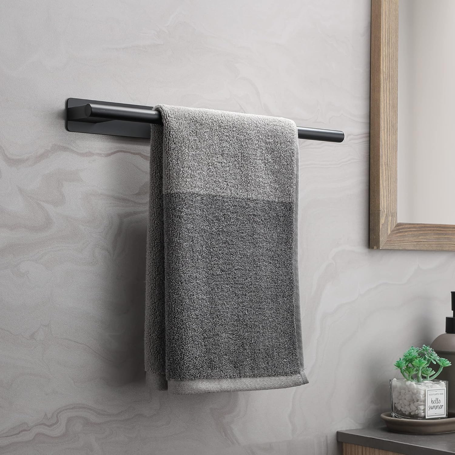 Porte-serviettes salle de bain - adhésif, inox noir, un bras, sans perçage