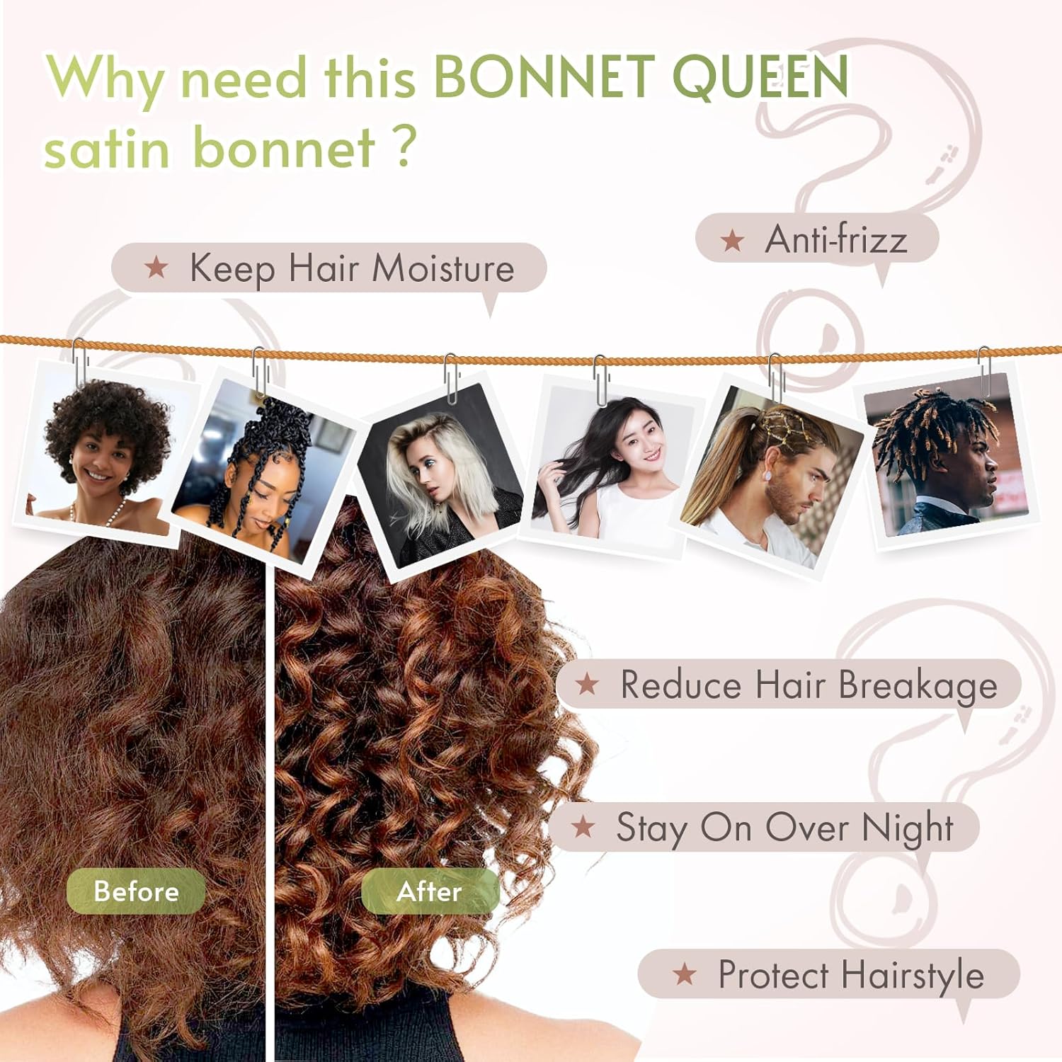 BONNET QUEEN - bonnet satin nuit ajustable, moyen, chocolat, long élastique