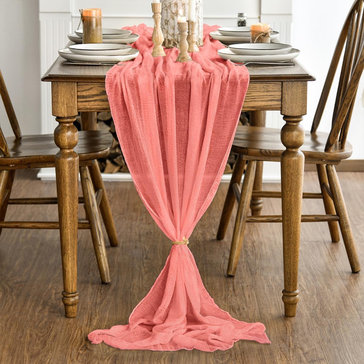 Artoid Mode - Chemin de table bohème corail - 300 cm - mousseline gaufrée, déco festive