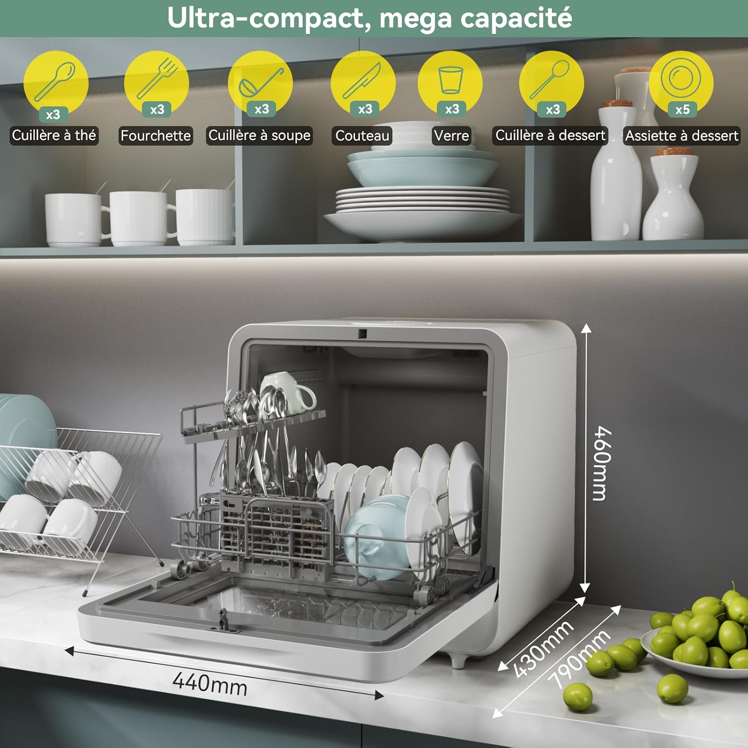Lave-vaisselle compact de table, 5 couverts, écran couleur, 5L, 5+3 programmes