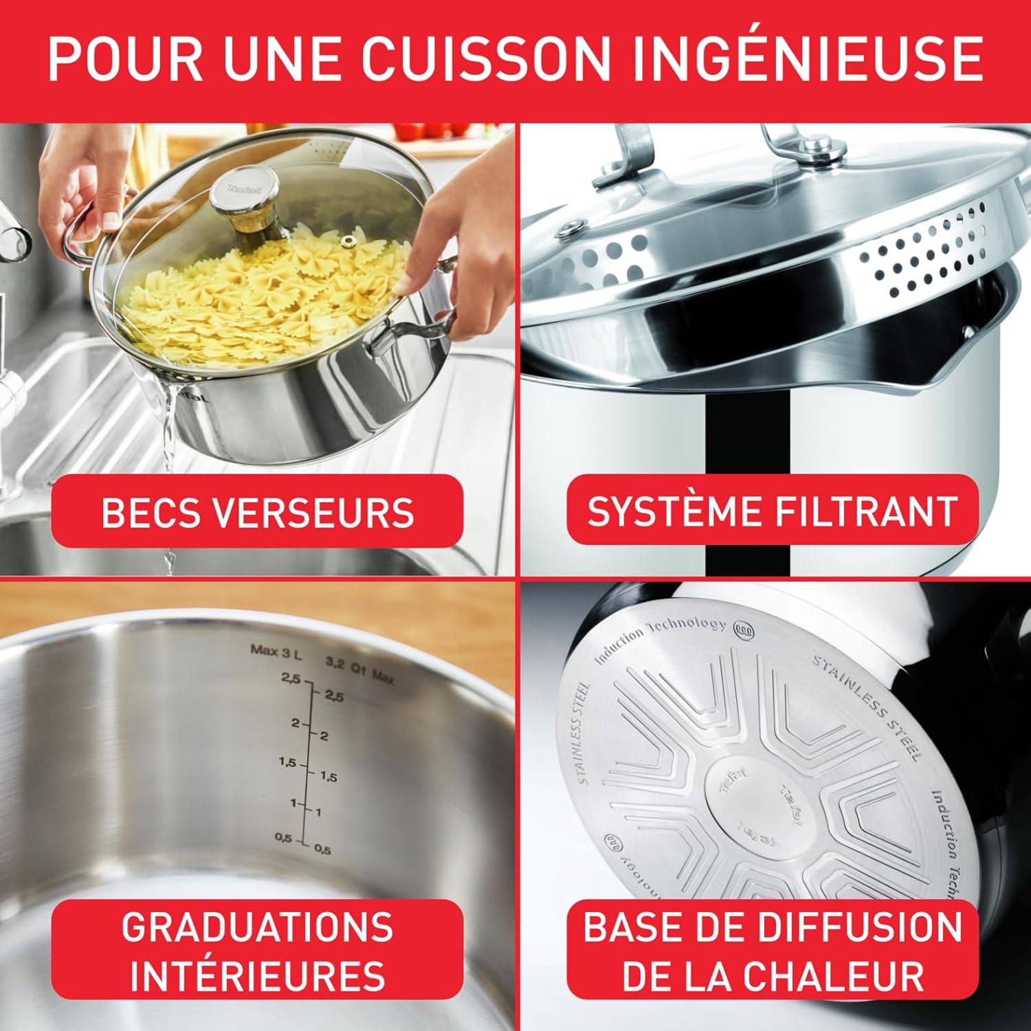 Tefal - Duetto - 20 cm - faitout induction inox, couvercle filtrant