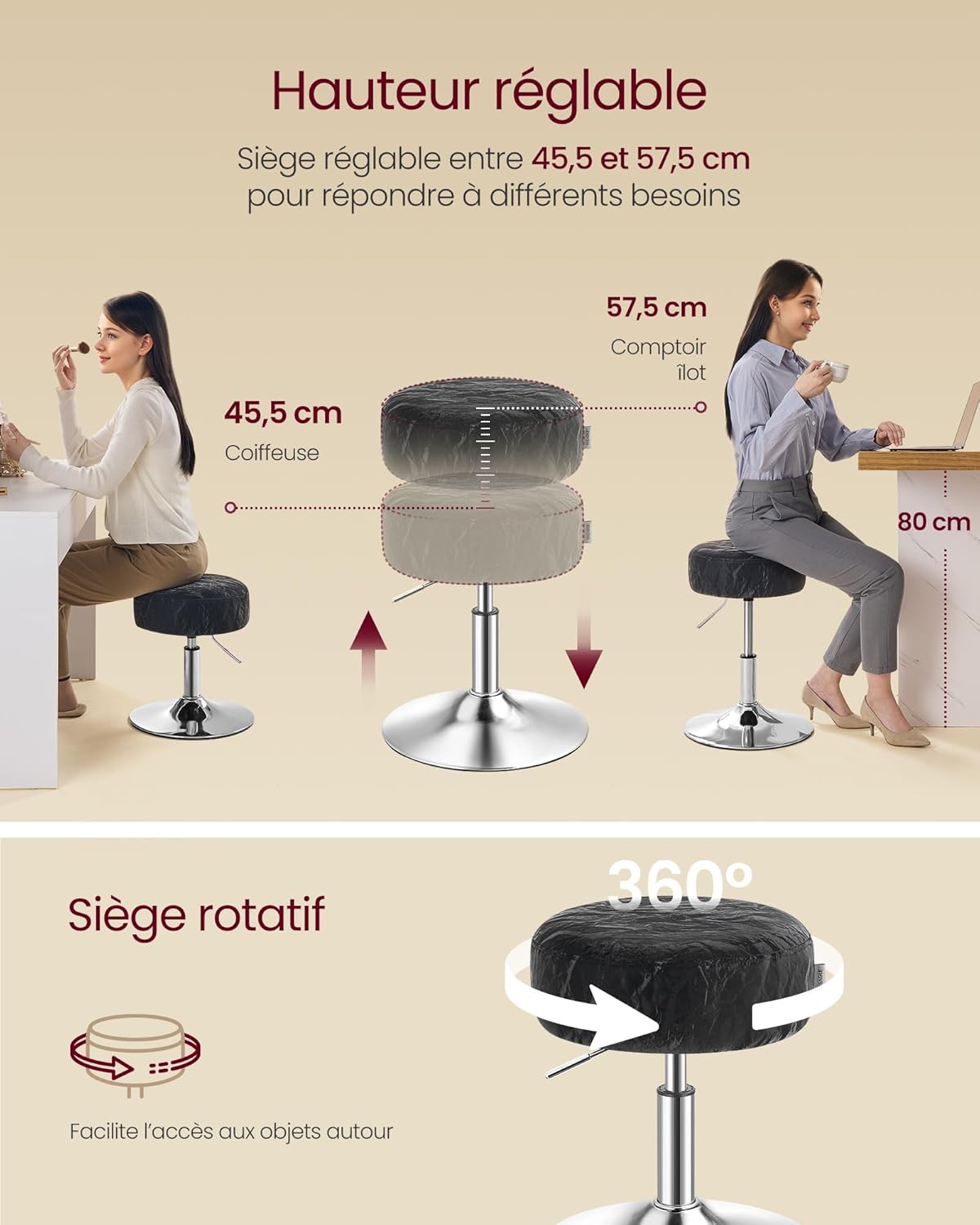 VASAGLE - Tabouret réglable pivotant PU, coussin épais, noir, LJB120B01
