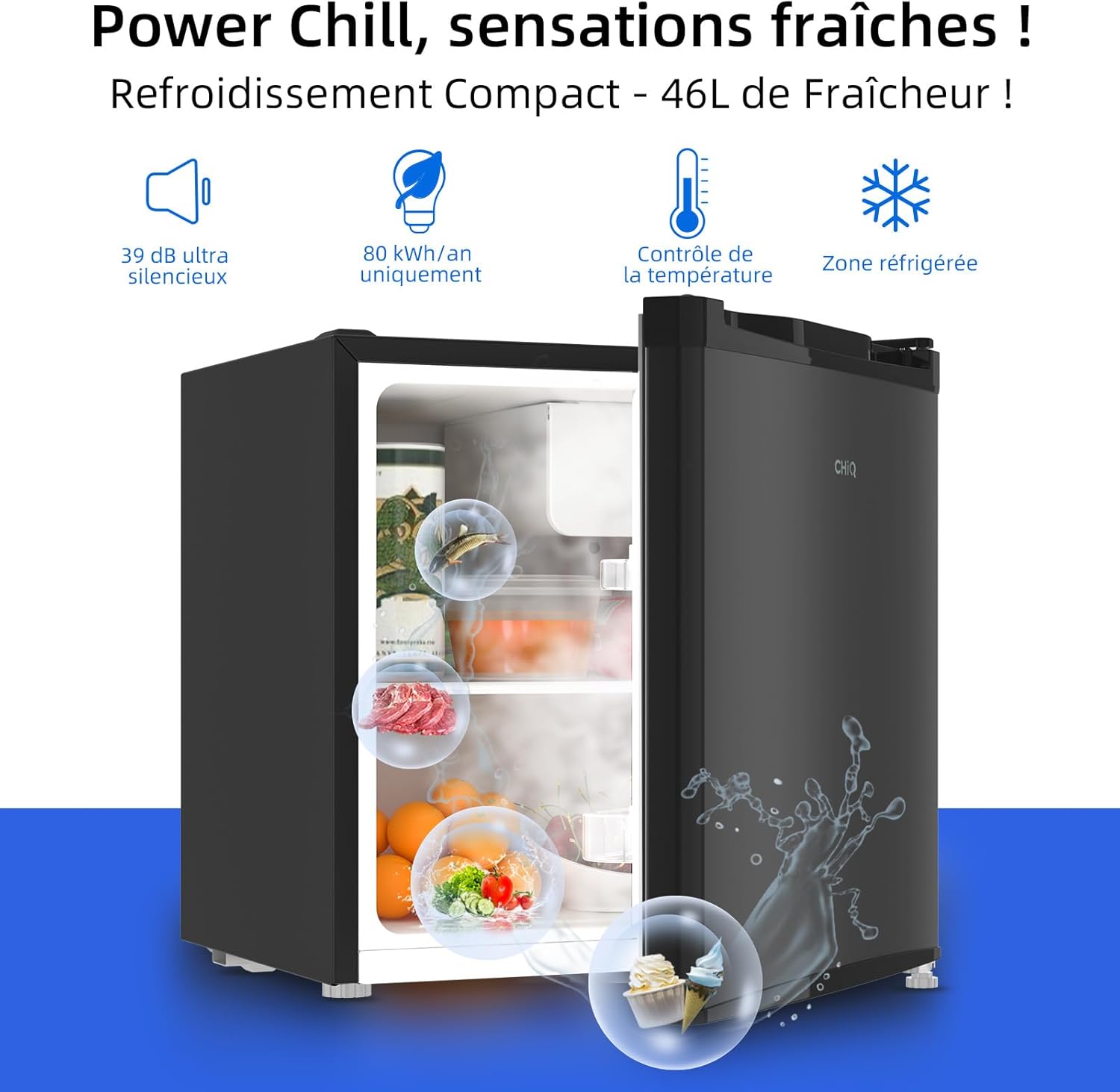 CHIQ - mini réfrigérateur compact 46L, silencieux, porte-bouteilles, thermostat réglable, 47x44,7 cm, CSD46D4E