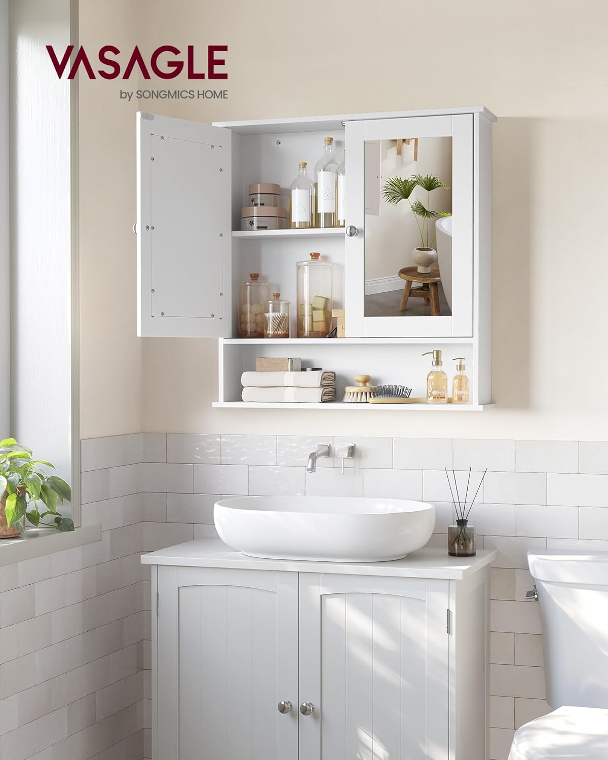 VASAGLE - armoire murale salle de bain - 15x65x75 cm - 2 portes miroir, étagère réglable LHC012W01