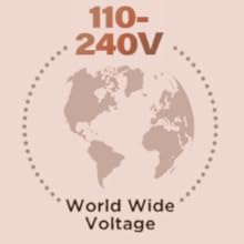 avec le texte « Tension mondiale 110-240 V », indiquant la compatibilité de la tension globale. Design dans les tons bruns sur fond rose.