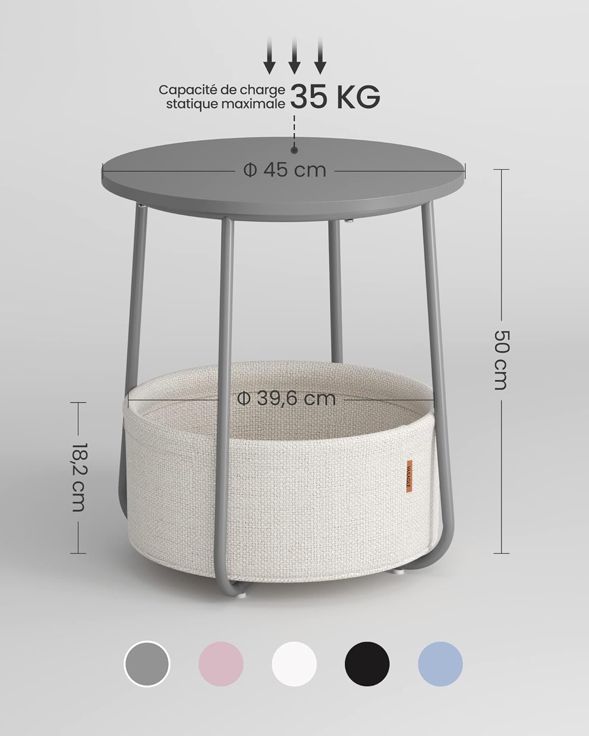 VASAGLE - Table basse ronde, avec panier tissu, gris/blanc, LET223G49