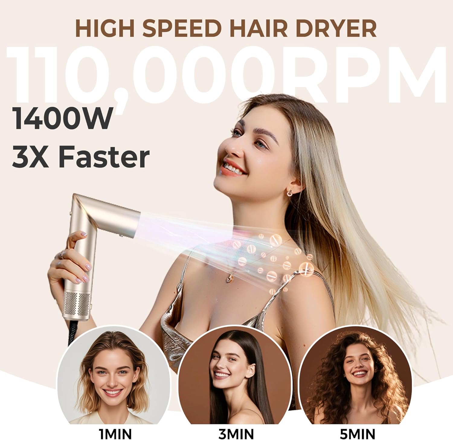 UKLISS - Pro 8 en 1 - Brosse soufflante, ionique, boucle 32mm, 110K RPM, compacte