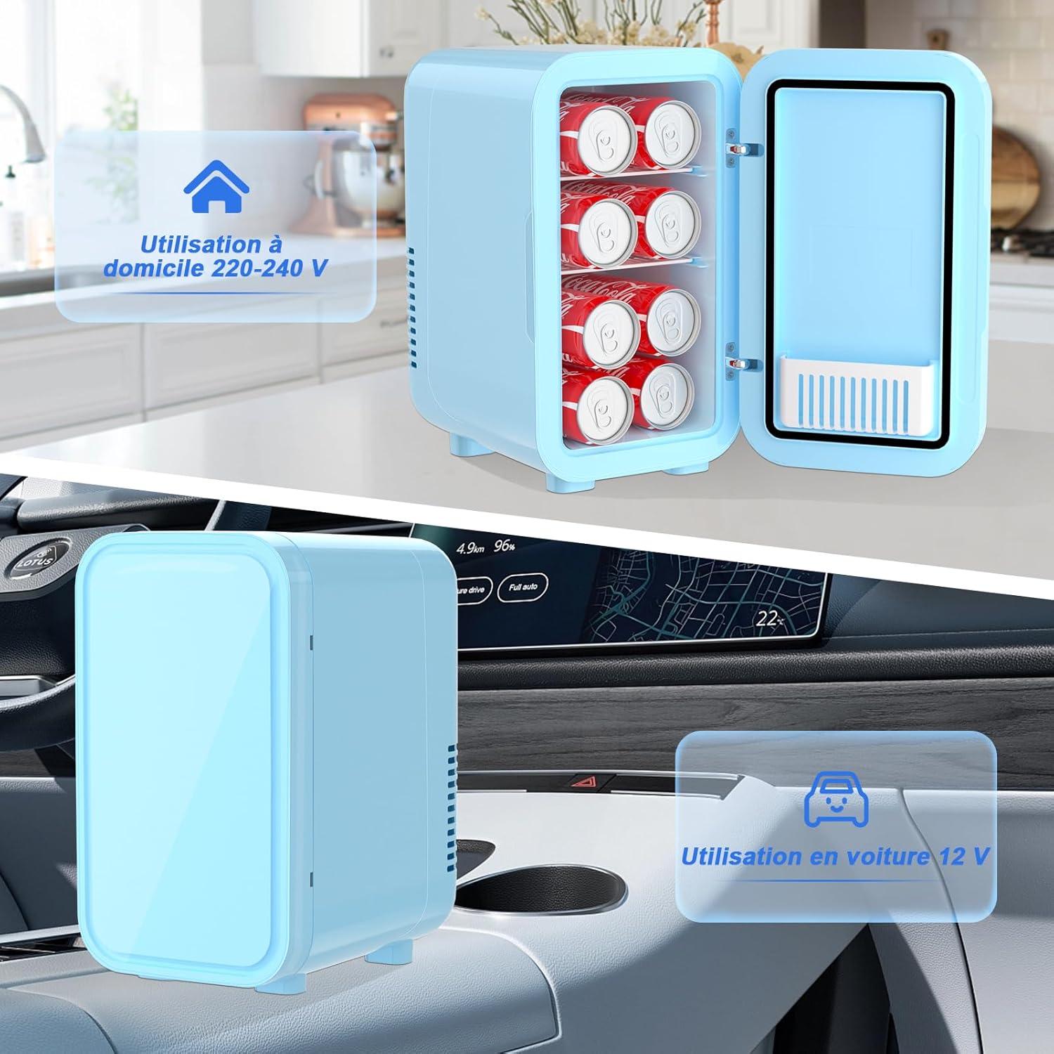 YASHE - mini réfrigérateur 6L - 220-240V AC/DC, portable, bleu