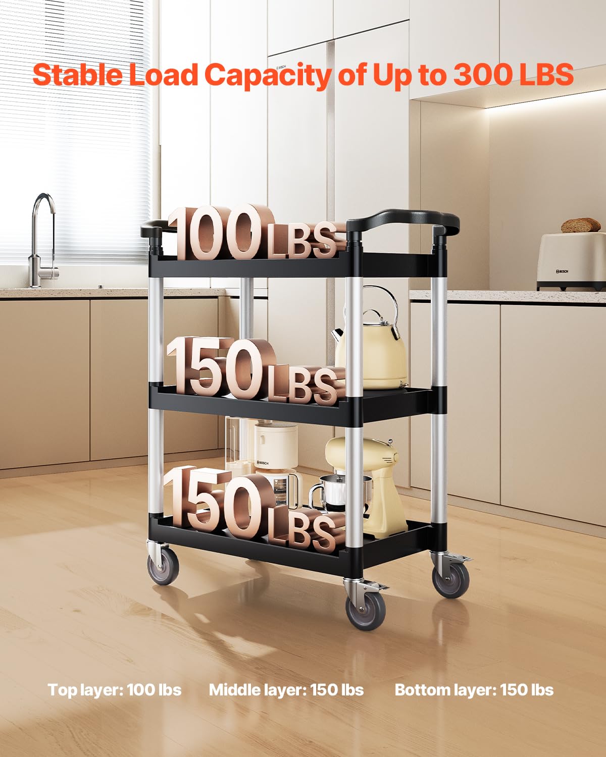VEVOR - Chariot de service à 3 niveaux, 880x410x990mm, roulettes pivotantes