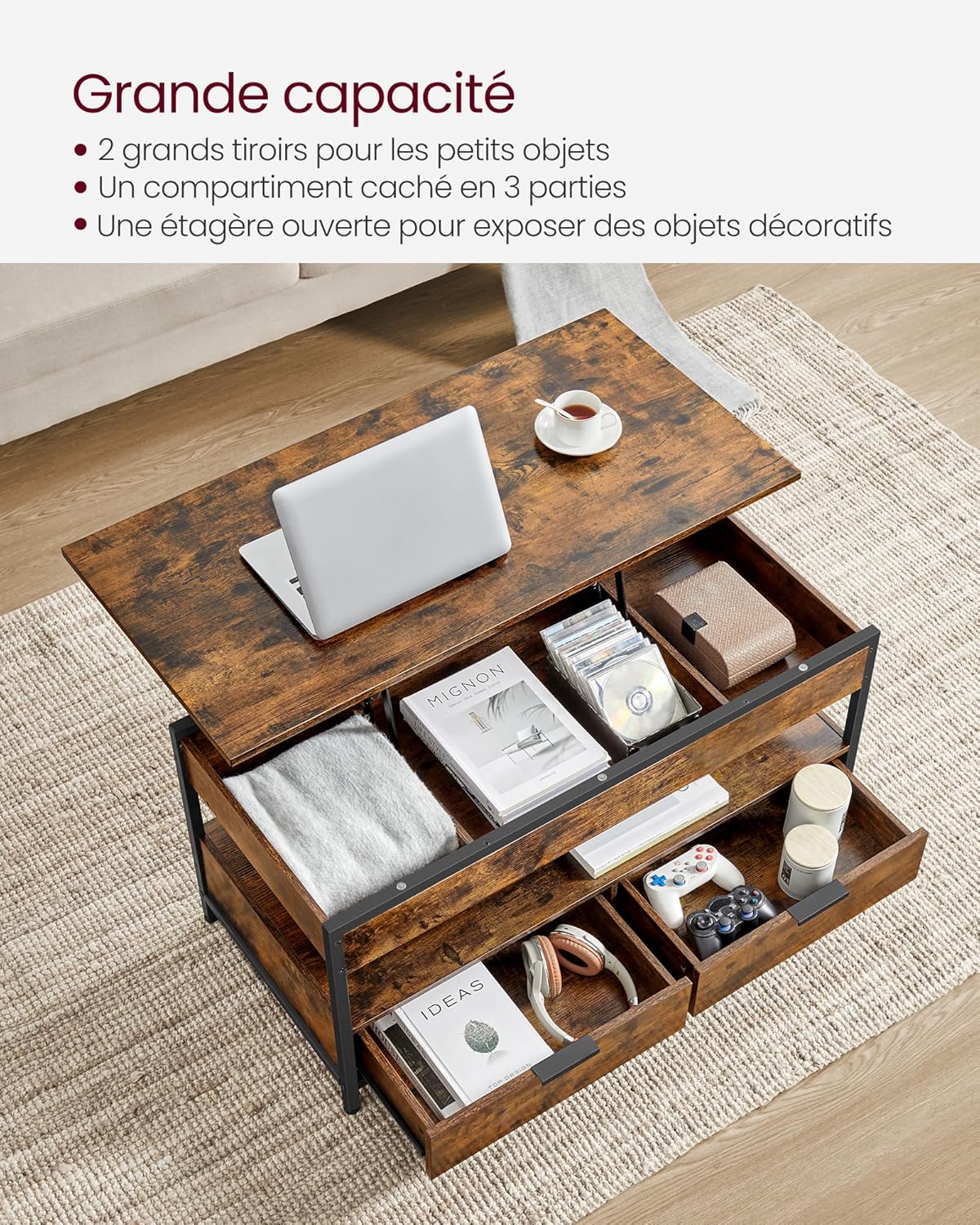 VASAGLE - Table basse plateau relevable, tiroirs, rangement - LCT209K01