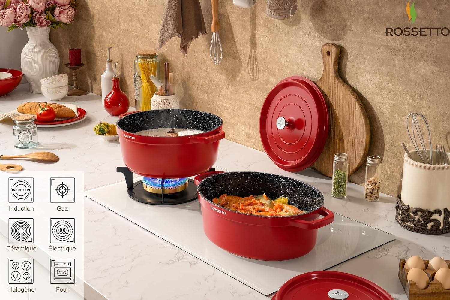 Rossetto - cocotte ronde 28cm - fonte d’aluminium, céramique, 6,6L, induction, four 220°C