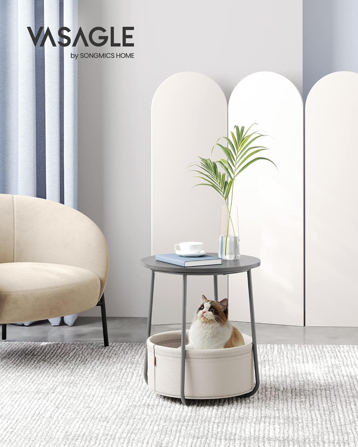 VASAGLE - Table basse ronde, avec panier tissu, gris/blanc, LET223G49
