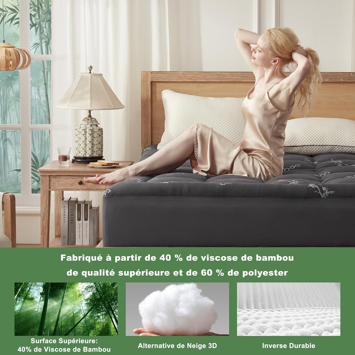 BEDLORE - surmatelas matelassé, 90x200cm, viscose bambou, bonnet 30cm, Oeko-Tex, gris foncé