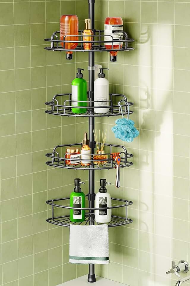 HAMITOR - étagère de douche d'angle télescopique - 121-314cm - 4 niveaux métal, sans perçage, noir