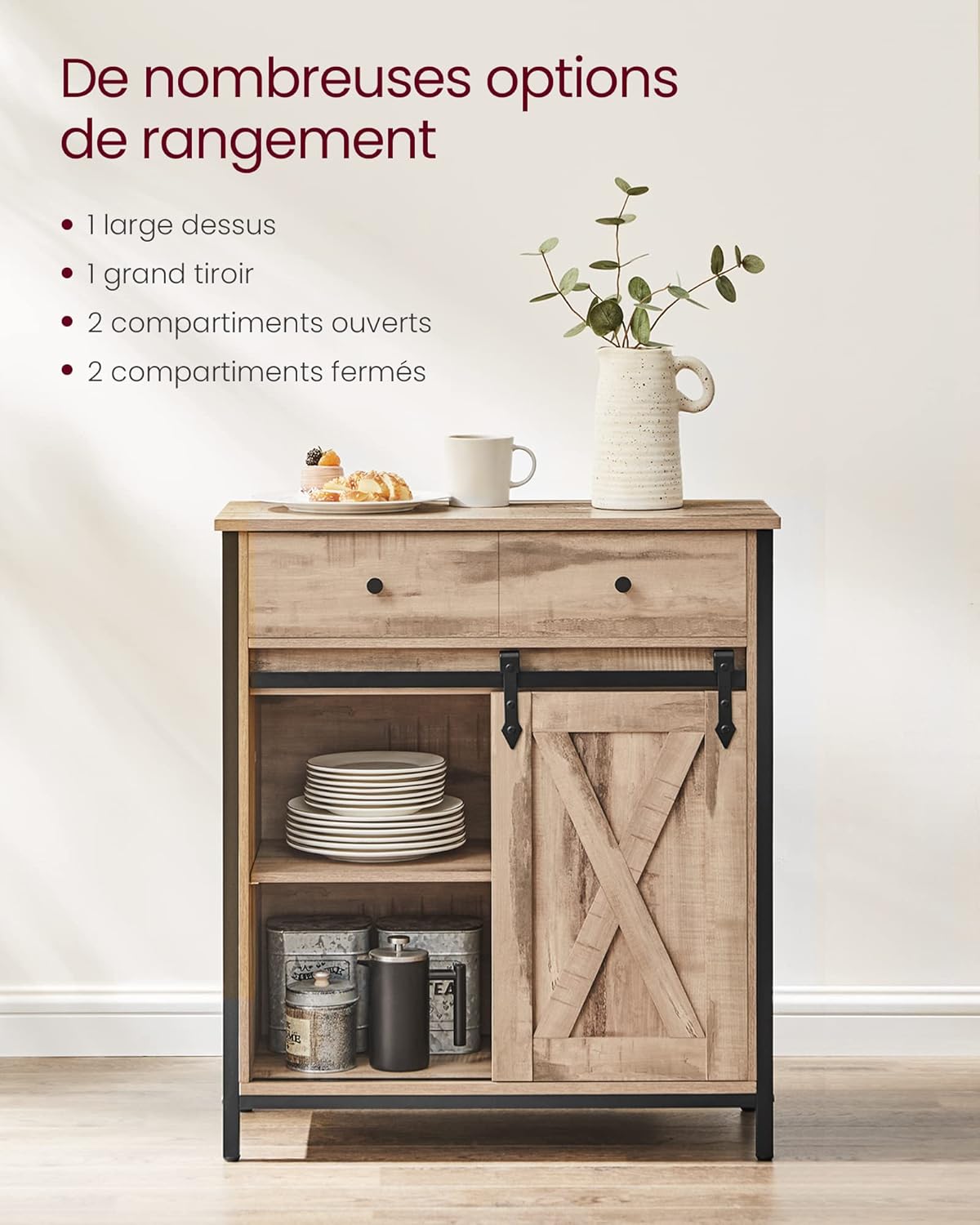 VASAGLE - buffet cuisine série LSC - 30x70x80 cm, porte coulissante, tiroirs, étagères réglables, marron/noir - LSC100B5