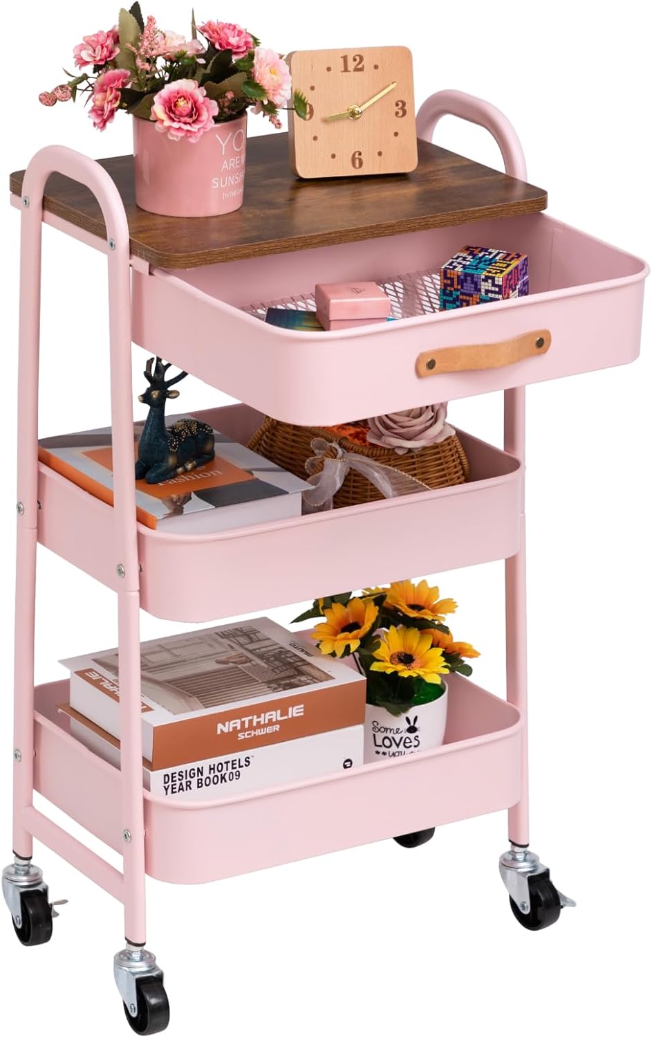 DOEWORKS - chariot 3 niveaux métal rose, tiroir, compact, cuisine, chambre