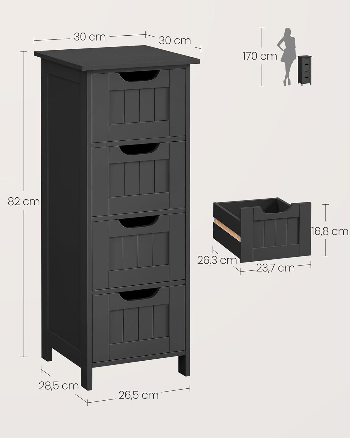 VASAGLE - meuble salle de bain moderne, 4 tiroirs, 30x30x82 cm - LHC040B01