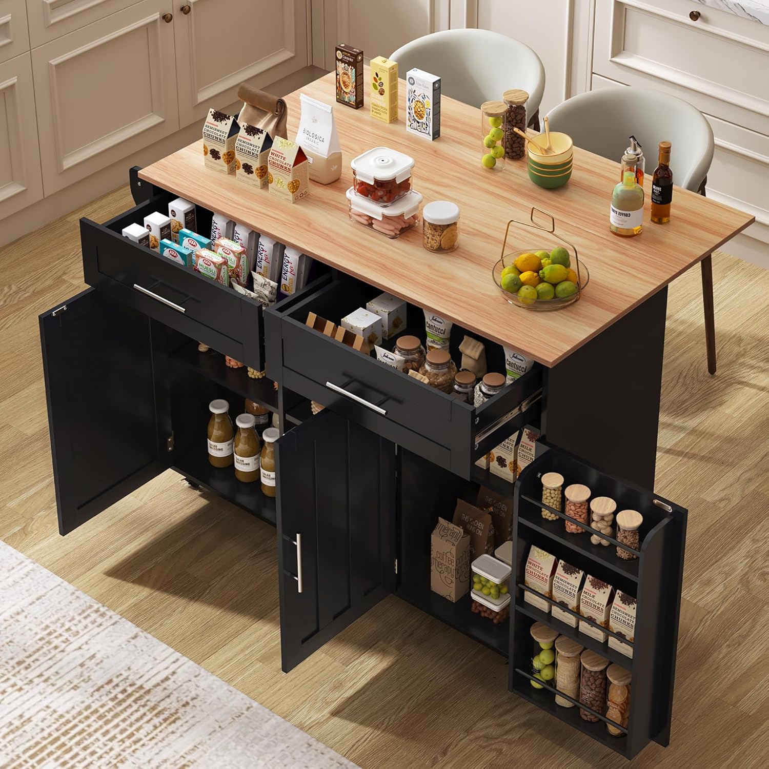 Desserte îlot cuisine - plan rabattable, rangements, roulettes - 129x71x91,5cm