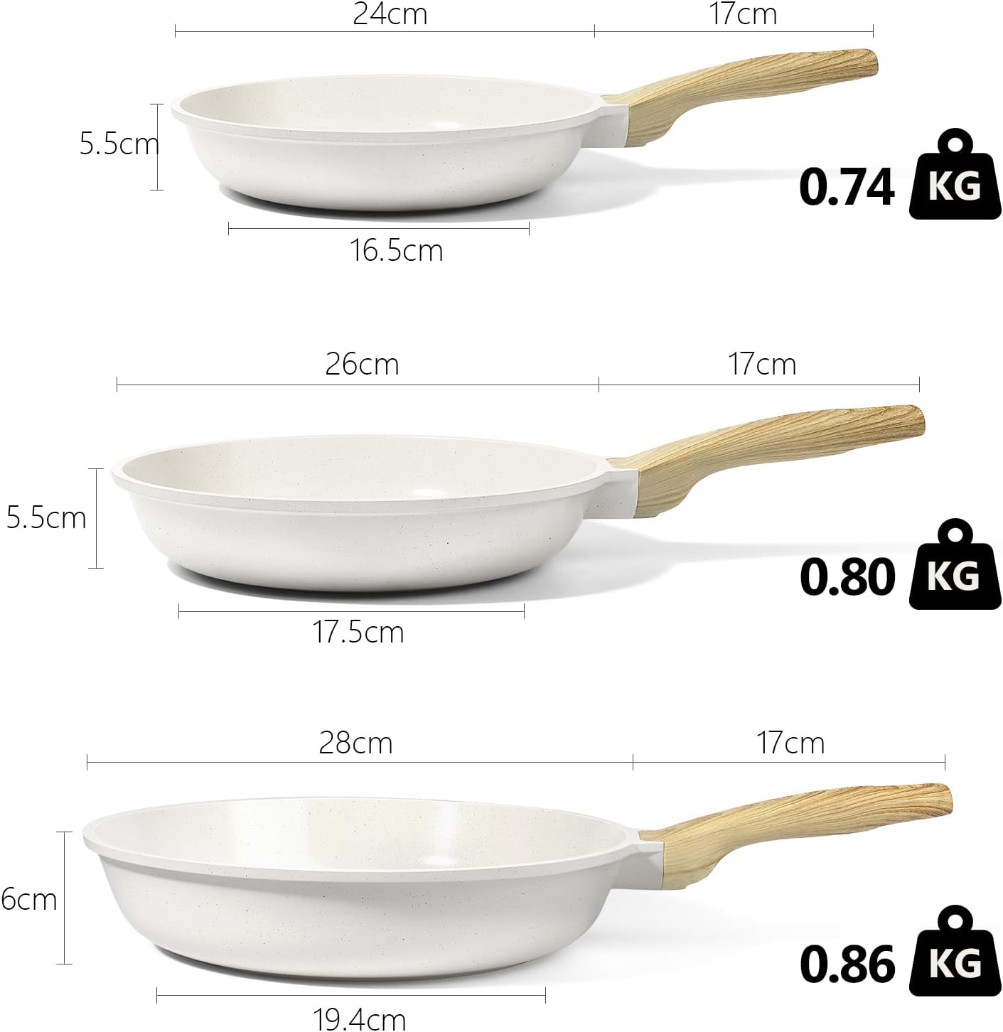 GiPP - Set poêles granit 24/26/28cm - Induction, sans PFAS, lave-vaisselle